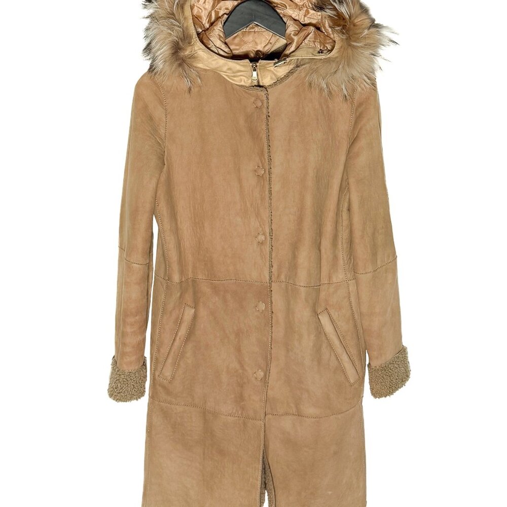 D&G Amovible Fur Hood Beige Shearling Coat